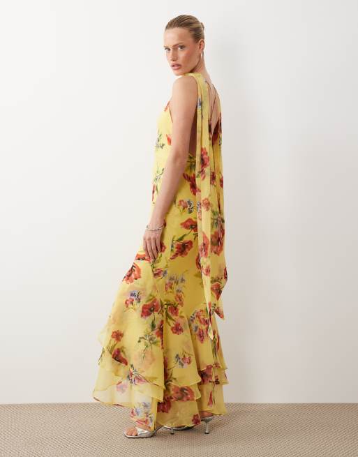 BOGATT halter maxi dress with scarf detail and ruffle hem in yellow & pink floral