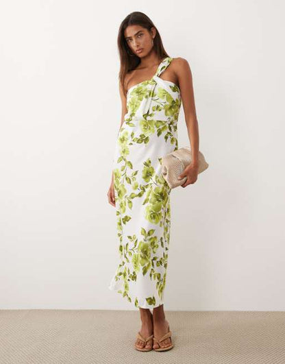 BOGATT one shoulder satin maxi dress in blue and green floral print
