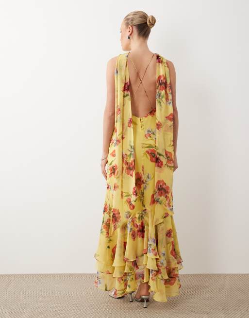 BOGATT halter maxi dress with scarf detail and ruffle hem in yellow & pink floral