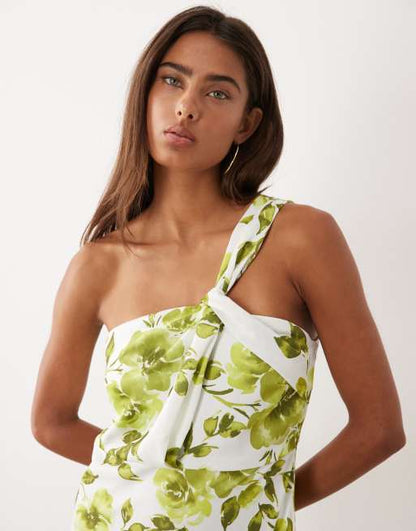 BOGATT one shoulder satin maxi dress in blue and green floral print