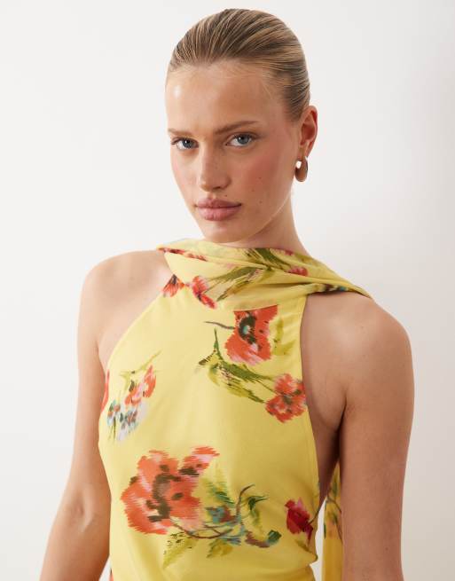 BOGATT halter maxi dress with scarf detail and ruffle hem in yellow & pink floral