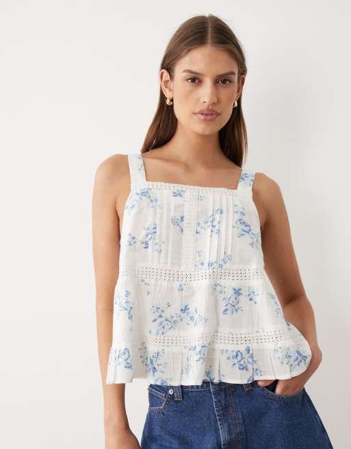 Wednesdays Girl floaty lace tiered smock top in baby blue floral