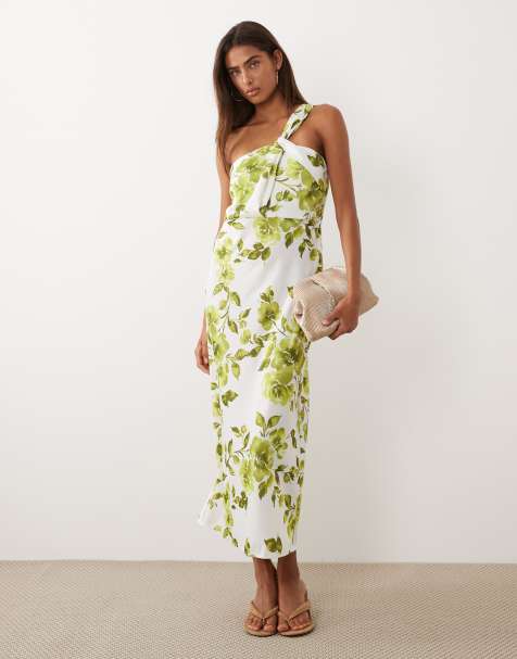 BOGATT one shoulder satin maxi dress in blue and green floral print