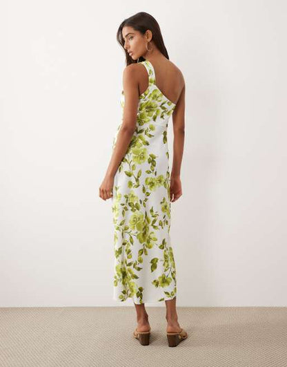 BOGATT one shoulder satin maxi dress in blue and green floral print