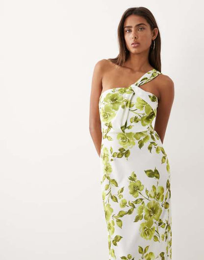 BOGATT one shoulder satin maxi dress in blue and green floral print