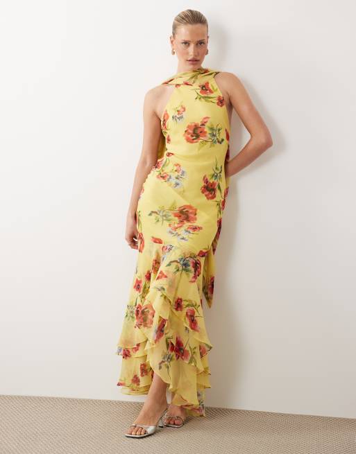 BOGATT halter maxi dress with scarf detail and ruffle hem in yellow & pink floral